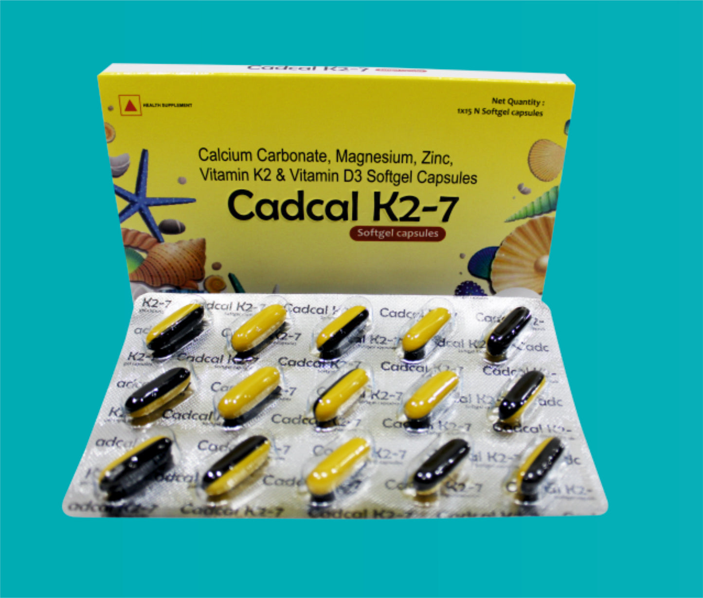 Cadcal K2-7 Soft Gel Caps (10 x 1  x 15) Vitamin K2 50 mcg + Vitamin D3 15 mcg + Calcium 500 mg + Magnesium 66 mg + Zinc 7.5 mg by Zydus