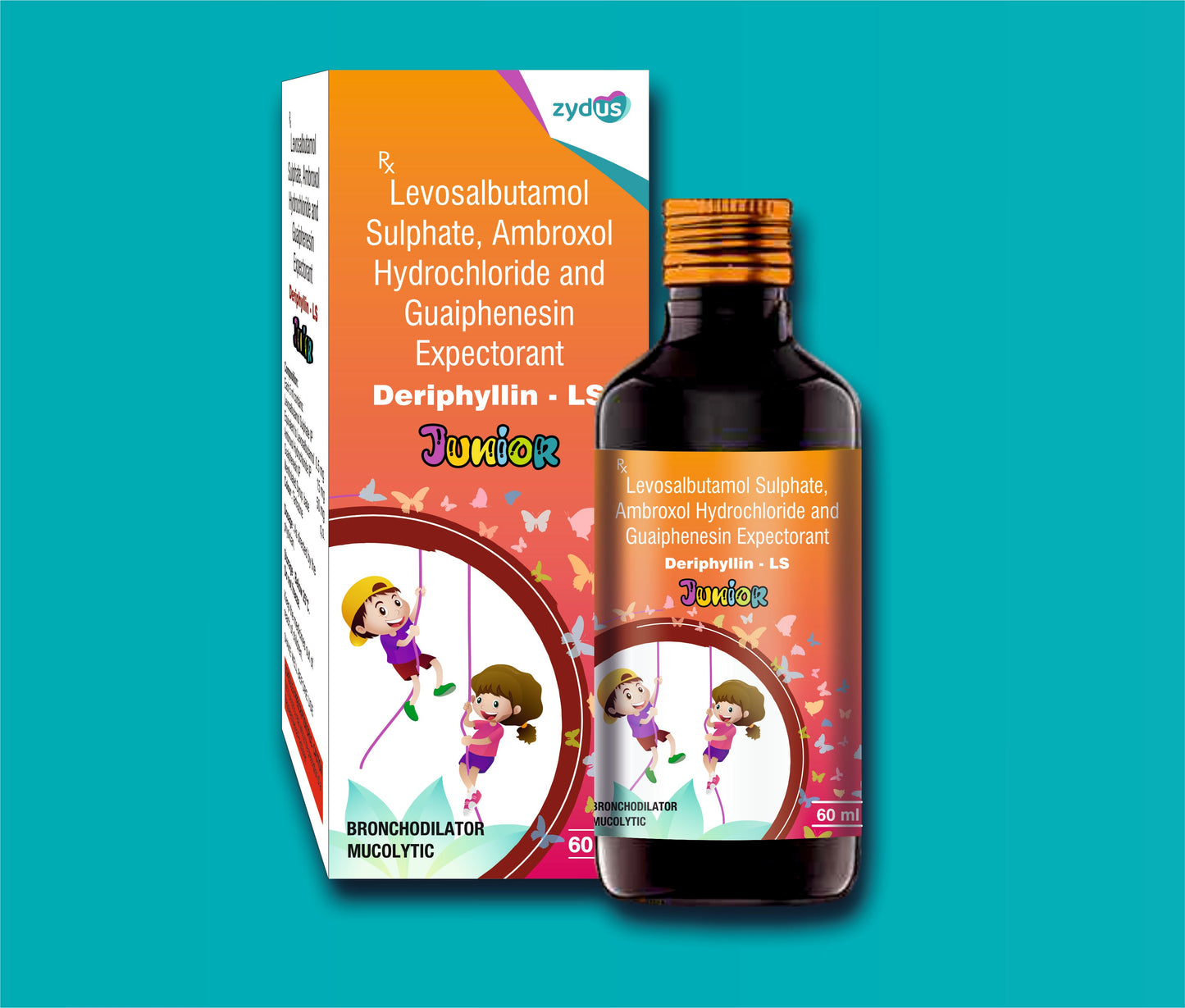 Deriphyllin LS Junior 60ml مع كرتون 60ml ليفوسالبوتامول 0.5 ملجم + أمبروكسول هيدروكلوريد 15 ملجم + جوايفينيسين 50 ملجم من zydus